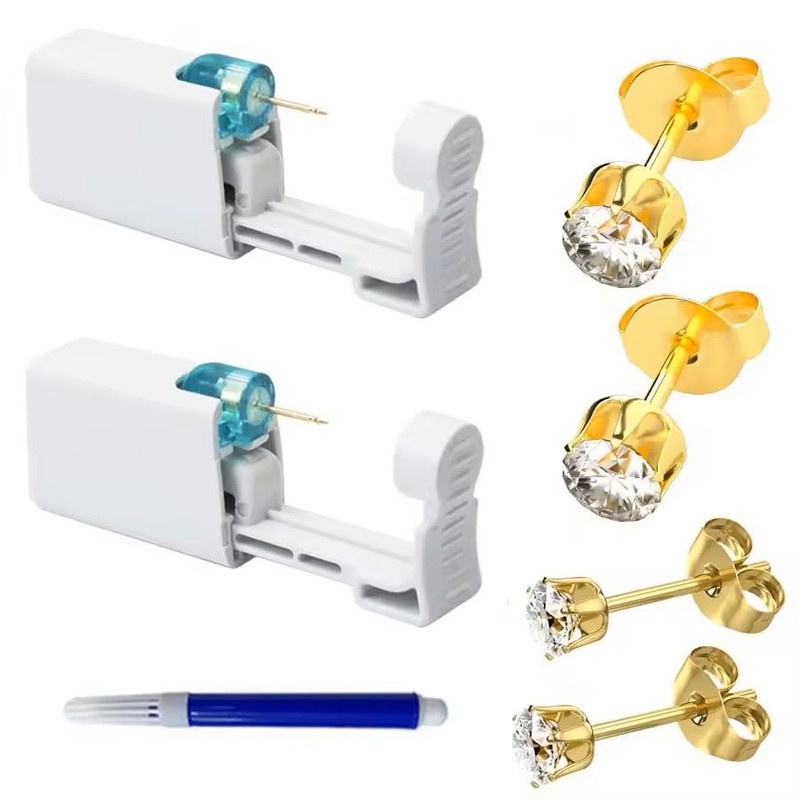 2PCS Disposable Ear Piercing Kit Builtin Stud Guns Bonus Cubic Zirconia Earrings Safe Easy Home 0