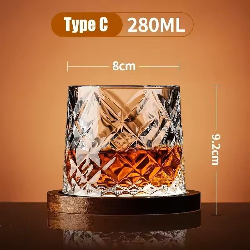Rotating Whisky Glass With Bamboo Coaster Spinning Cocktail Glass For Whiskey Scotch Bourbon Wine 9