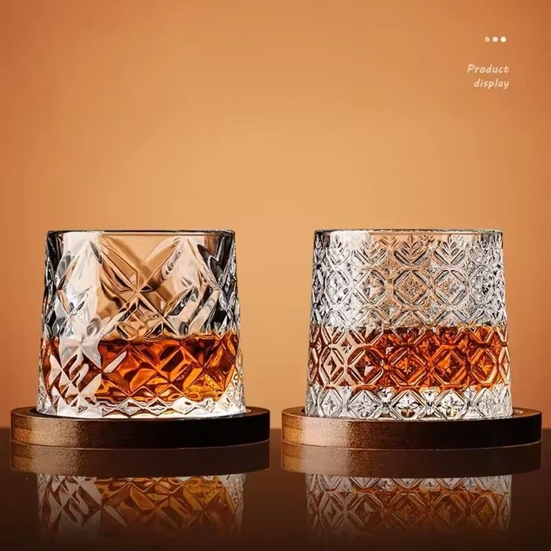 Rotating Whisky Glass With Bamboo Coaster Spinning Cocktail Glass For Whiskey Scotch Bourbon Wine 5
