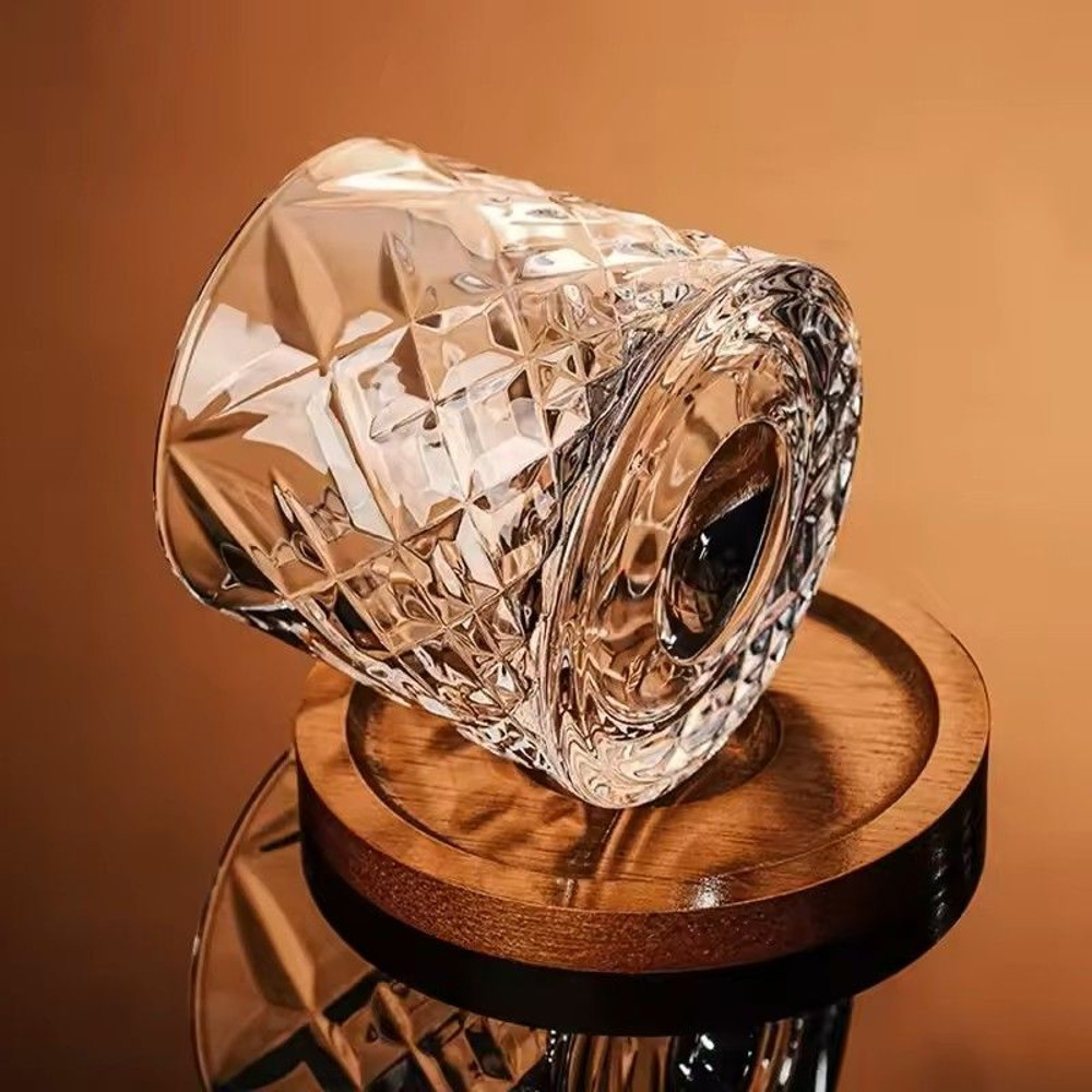 Rotating Whisky Glass With Bamboo Coaster Spinning Cocktail Glass For Whiskey Scotch Bourbon Wine 3