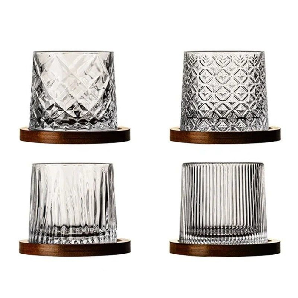 Rotating Whisky Glass With Bamboo Coaster Spinning Cocktail Glass For Whiskey Scotch Bourbon Wine 1