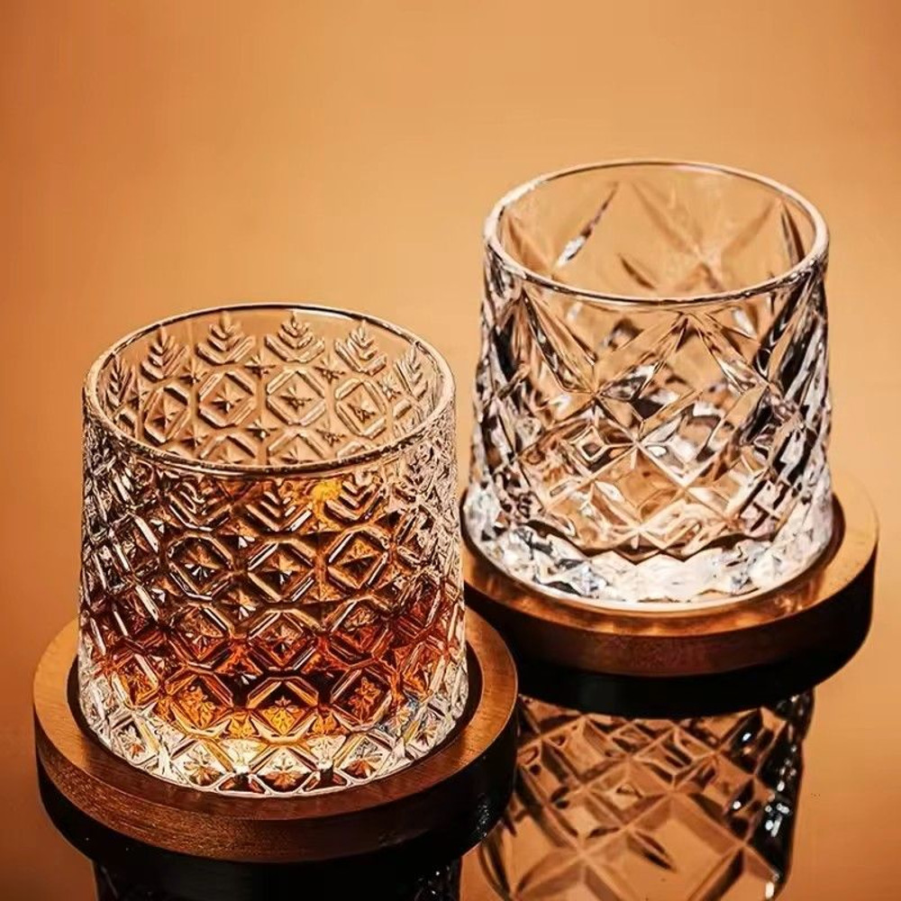 Rotating Whisky Glass With Bamboo Coaster Spinning Cocktail Glass For Whiskey Scotch Bourbon Wine 0