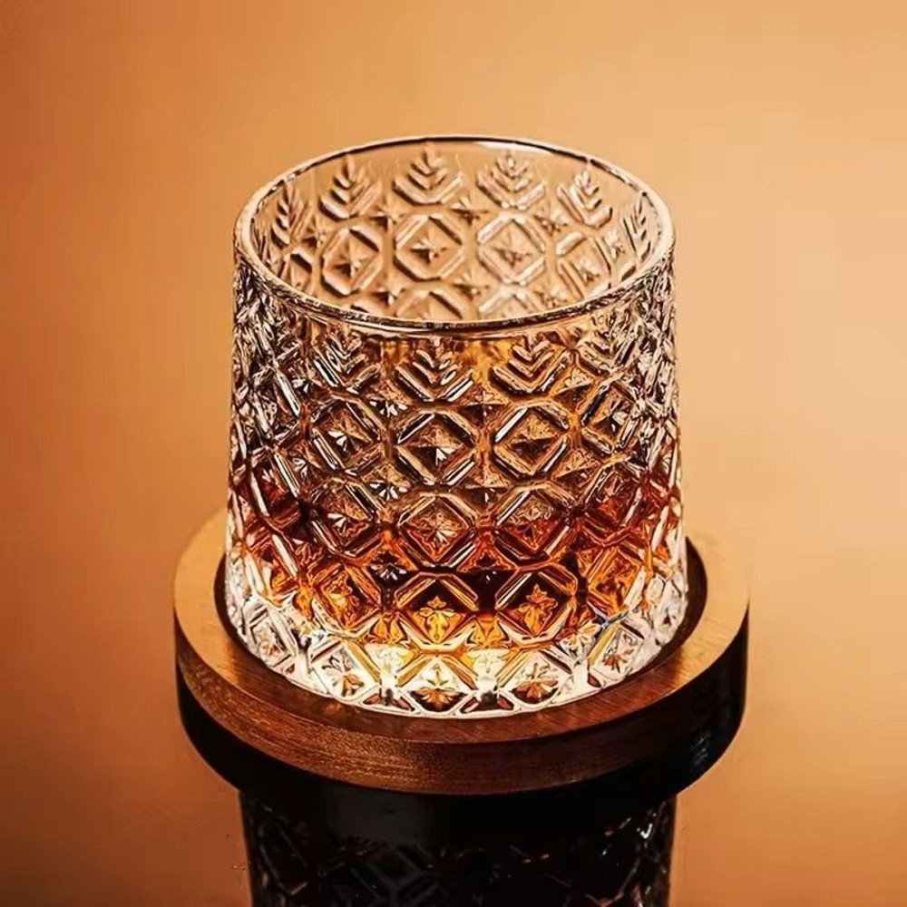 Rotating Whisky Glass With Bamboo Coaster Spinning Cocktail Glass For Whiskey Scotch Bourbon Wine 6