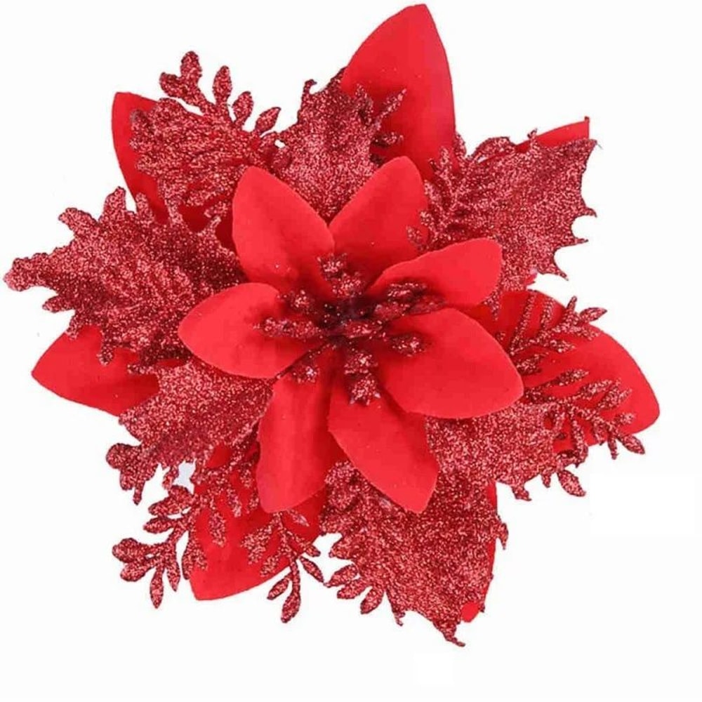 14cm Glitter Artificial Christmas Flowers With Clips Tree Ornaments Holiday Decorations 8