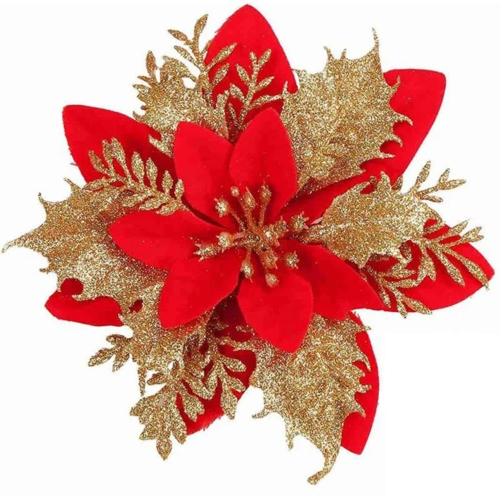 14cm Glitter Artificial Christmas Flowers With Clips Tree Ornaments Holiday Decorations 6