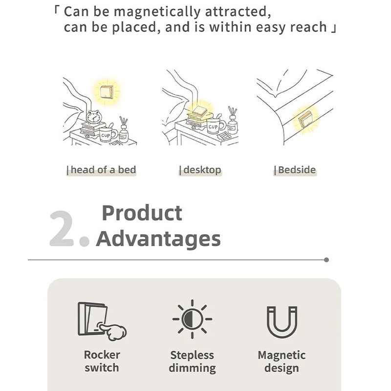 Beech Wood Magnetic Switch Night Light Rechargeable Wall Bedside Lamp 8