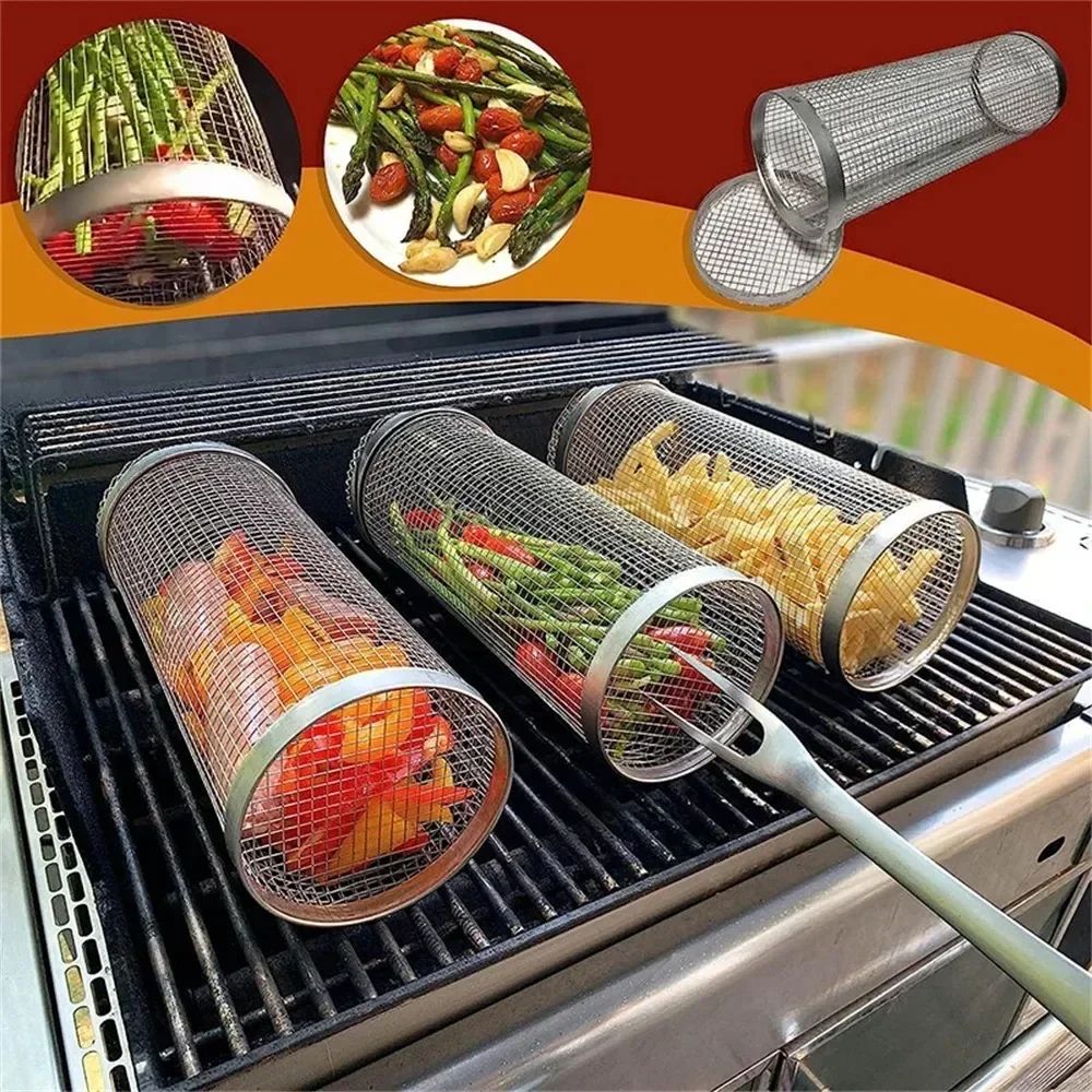 Rolling Stainless Steel BBQ Grill Basket For Outdoor Cooking 1