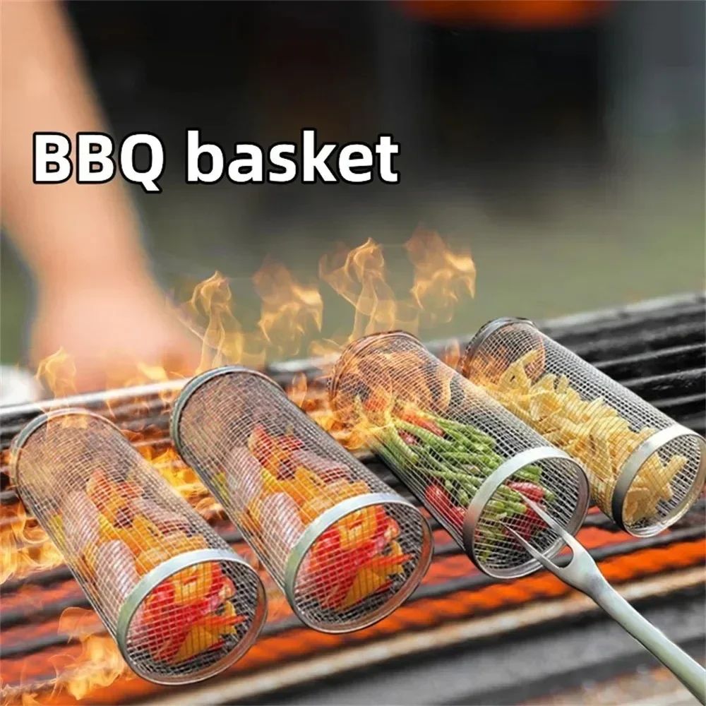 Rolling Stainless Steel BBQ Grill Basket For Outdoor Cooking 2