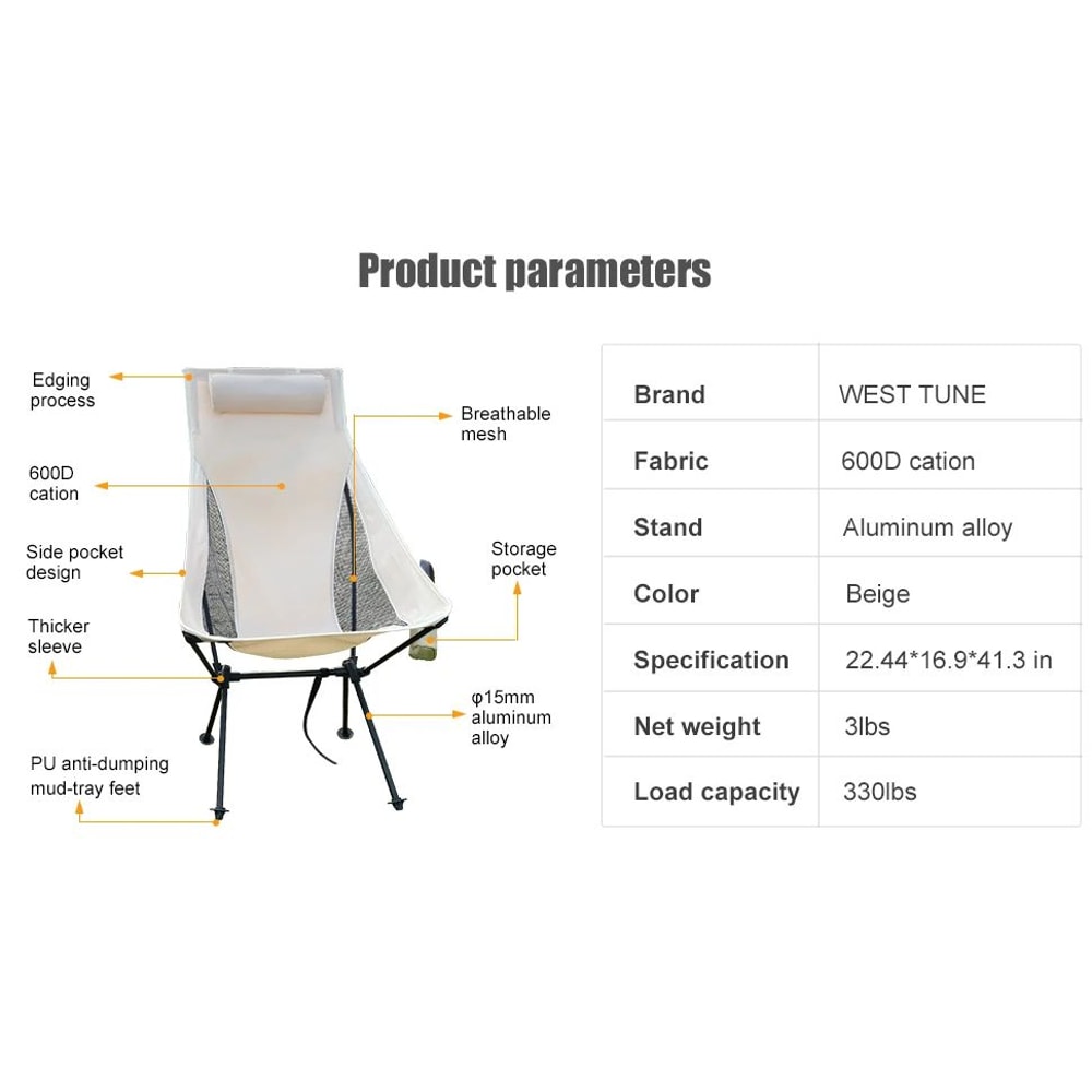Westtune Portable Folding Camping Chair With Headrest Lightweight Outdoor Chair 9