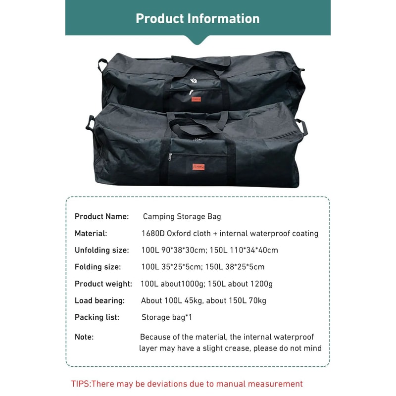 Westtune 100L Camping Tools Storage Bag Folding Large Capacity Travel Gear Organizer 7