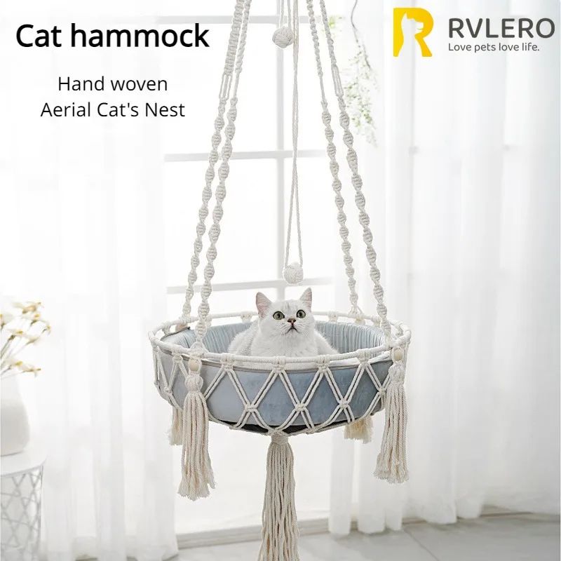 Hand Woven Cotton Rope Cat Hammock Hanging Pet Swing Basket For Indoor Use 0