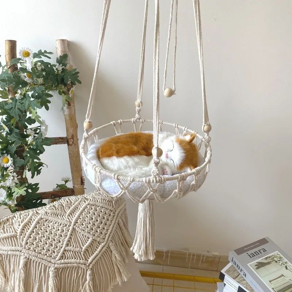 Hand Woven Cotton Rope Cat Hammock Hanging Pet Swing Basket For Indoor Use 3