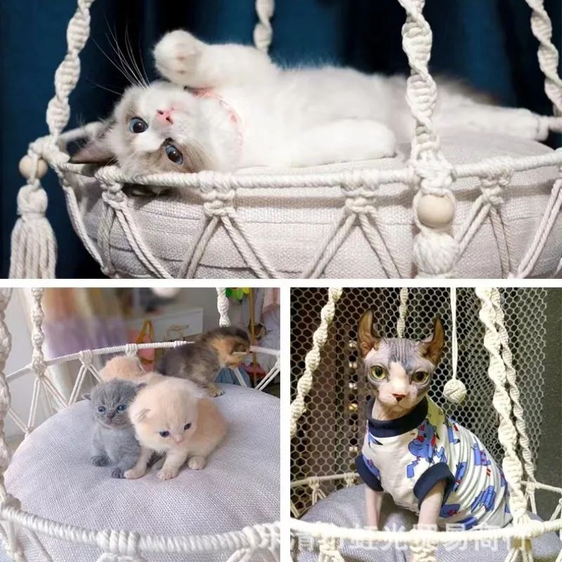 Hand Woven Cotton Rope Cat Hammock Hanging Pet Swing Basket For Indoor Use 4