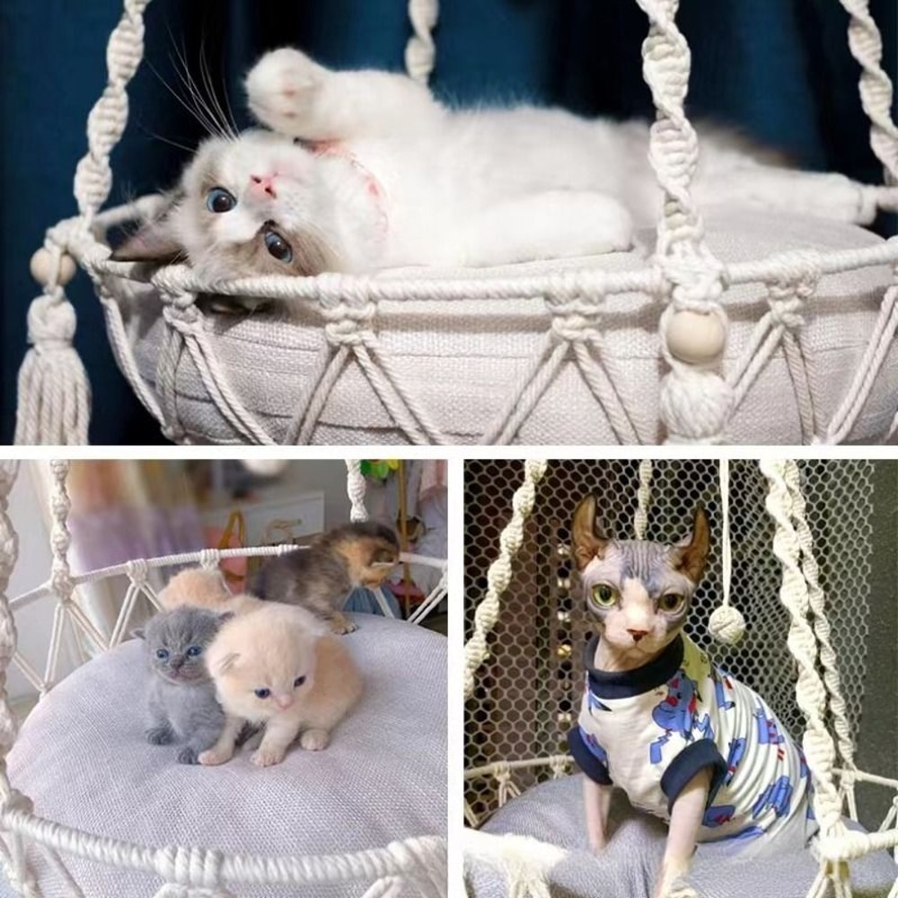 Hand Woven Cotton Rope Cat Hammock Hanging Pet Swing Basket For Indoor Use 9