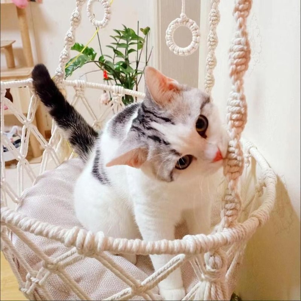 Hand Woven Cotton Rope Cat Hammock Hanging Pet Swing Basket For Indoor Use 10