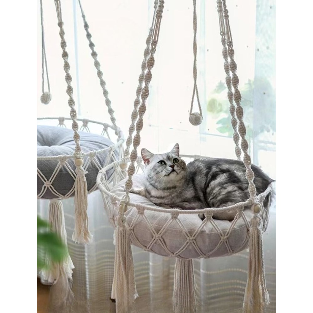 Hand Woven Cotton Rope Cat Hammock Hanging Pet Swing Basket For Indoor Use 11