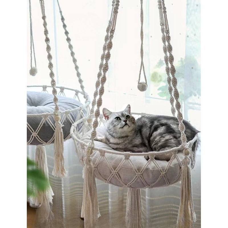 Hand Woven Cotton Rope Cat Hammock Hanging Pet Swing Basket For Indoor Use 11