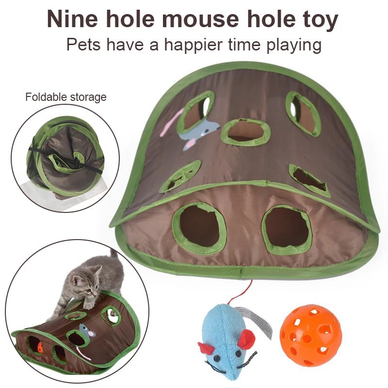 Folding Nine Hole Cat Tunnel Toy With Plush Mouse And Grab Ball 0