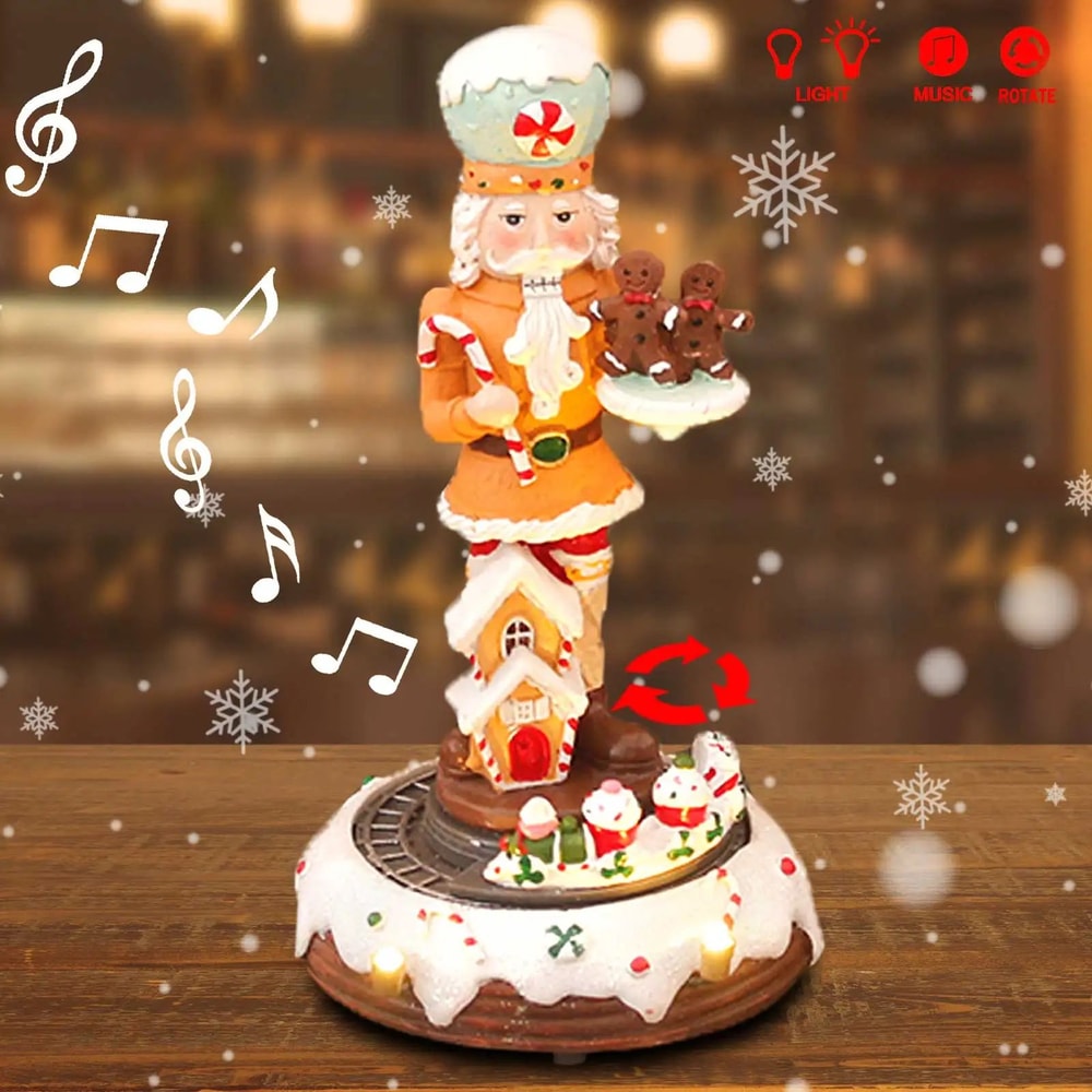 Christmas Gingerbread Nutcracker Figurine With LED Light And Rotating Train Decor 0