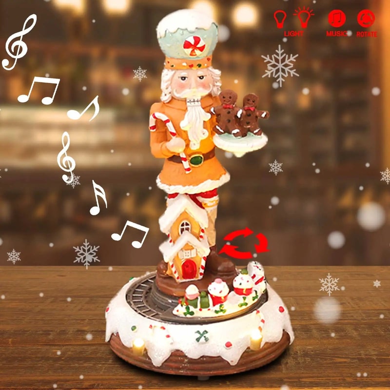 Christmas Gingerbread Nutcracker Figurine With LED Light And Rotating Train Decor 0