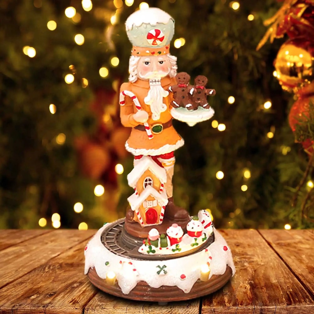 Christmas Gingerbread Nutcracker Figurine With LED Light And Rotating Train Decor 2