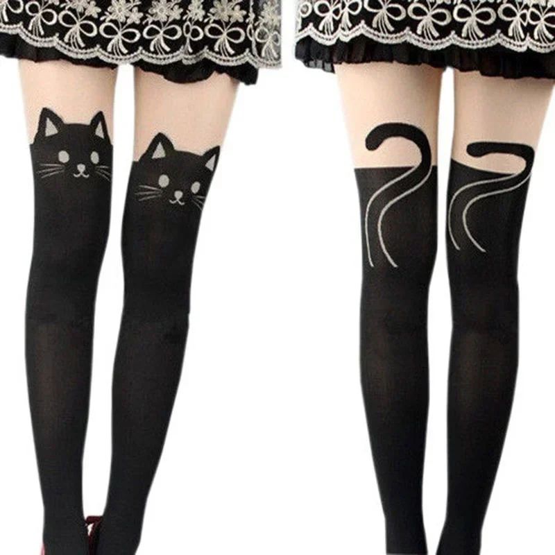 Women Cute Black Cat Printed Knee High Socks Warm Soft Over The Knee Romantic Cat Themed Socks 0