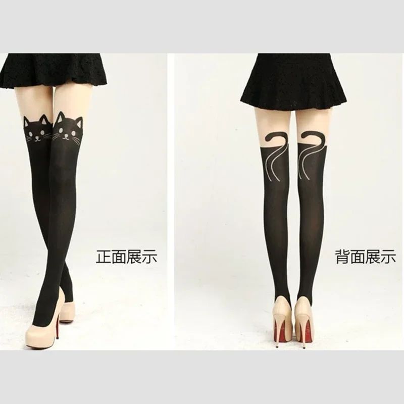 Women Cute Black Cat Printed Knee High Socks Warm Soft Over The Knee Romantic Cat Themed Socks 2