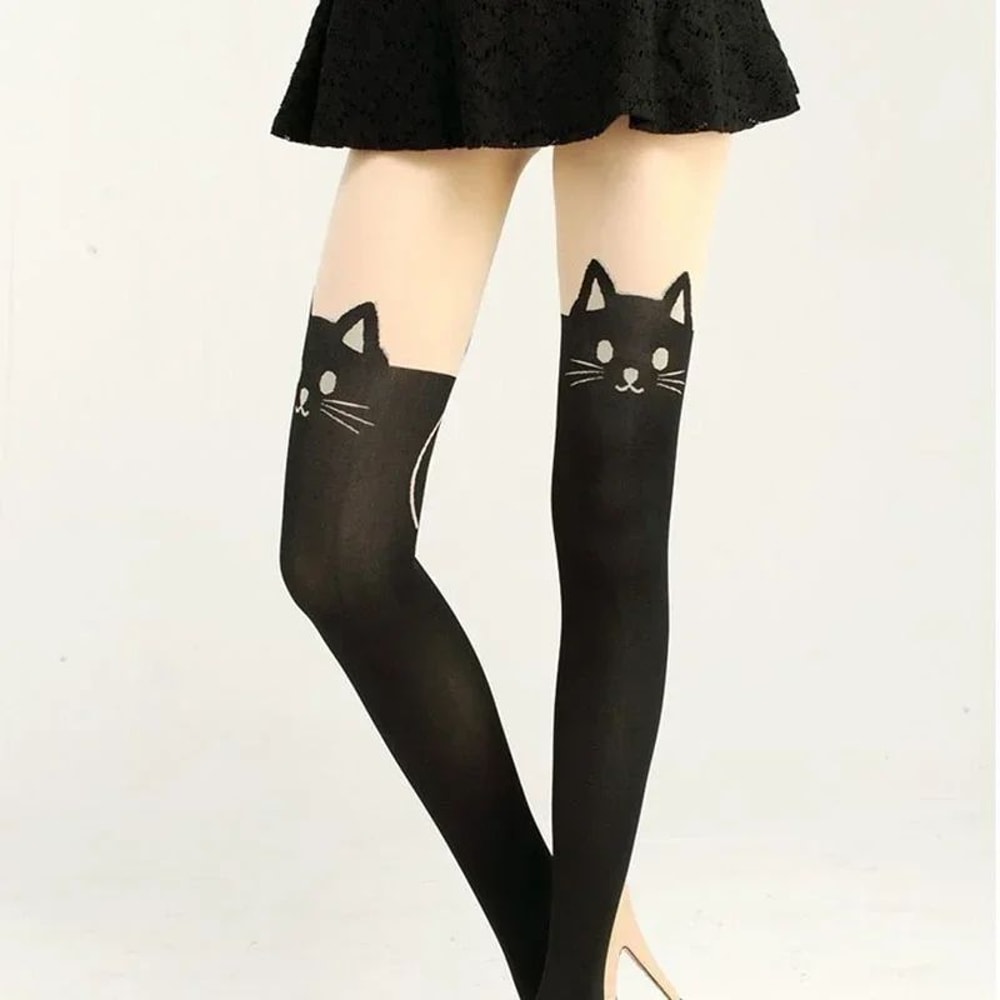 Women Cute Black Cat Printed Knee High Socks Warm Soft Over The Knee Romantic Cat Themed Socks 3
