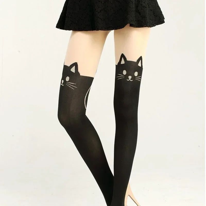Women Cute Black Cat Printed Knee High Socks Warm Soft Over The Knee Romantic Cat Themed Socks 3
