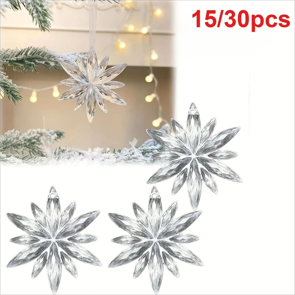 White Snowflake Christmas Decoration Pendants 15 Or 30 Transparent Crystal Snowflake Ornaments For 1