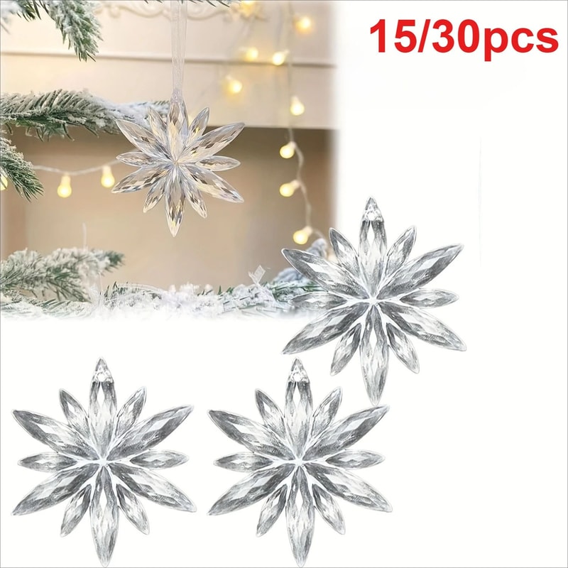 White Snowflake Christmas Decoration Pendants 15 Or 30 Transparent Crystal Snowflake Ornaments For 1