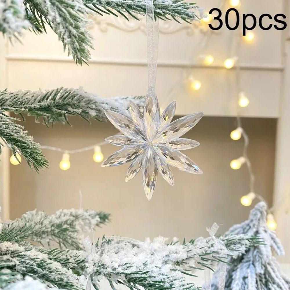White Snowflake Christmas Decoration Pendants 15 Or 30 Transparent Crystal Snowflake Ornaments For 10