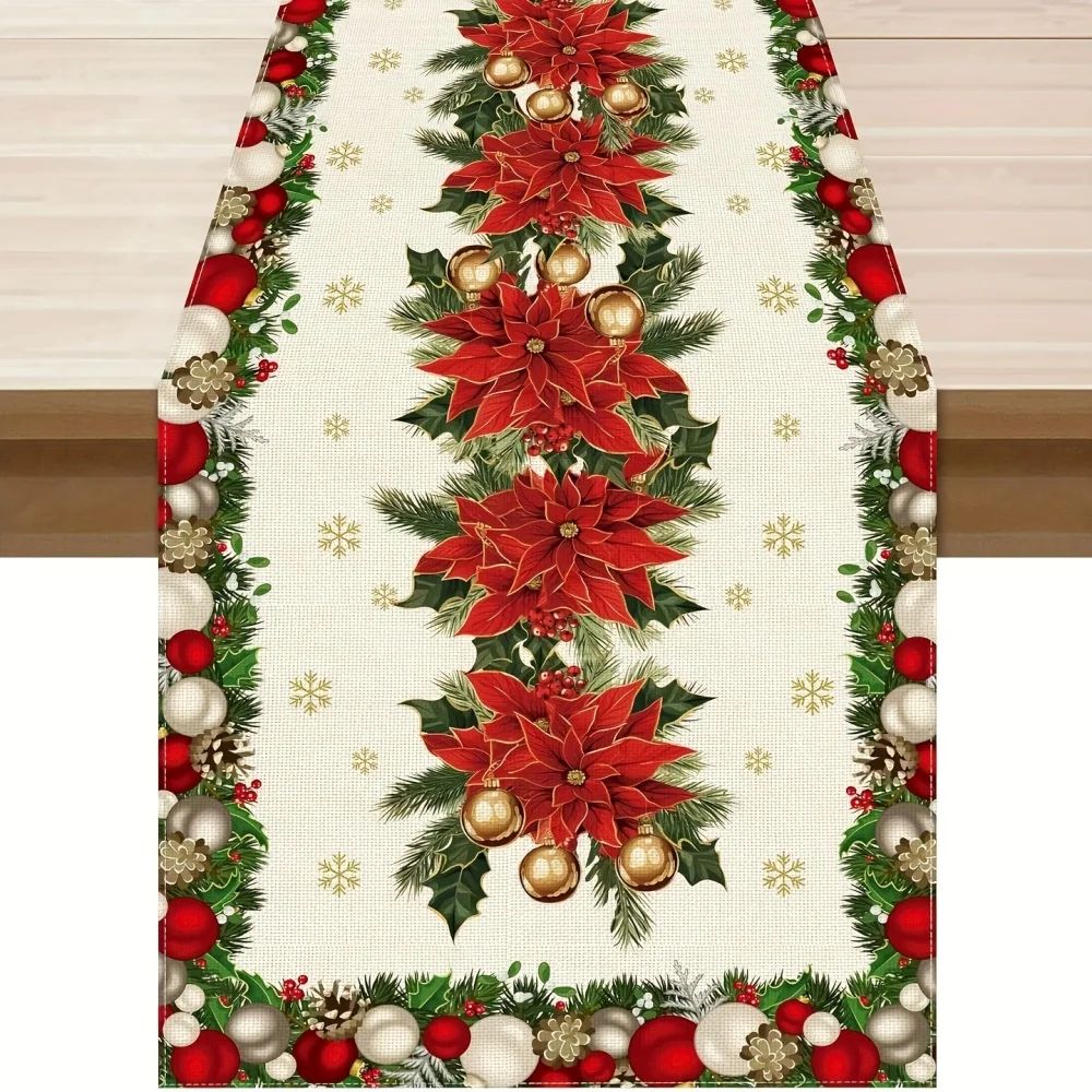 Poinsettia Christmas Table Runner Decor 0