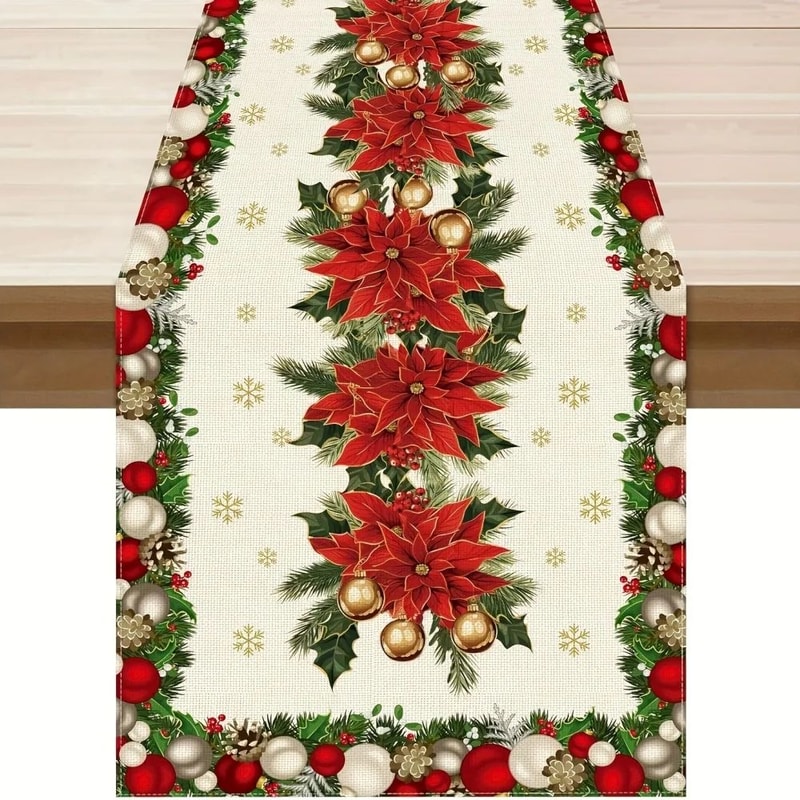 Poinsettia Christmas Table Runner Decor 0