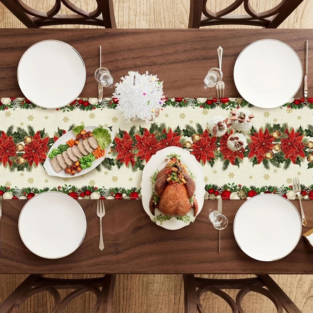 Poinsettia Christmas Table Runner Decor 2