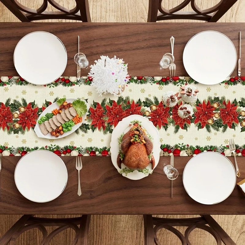 Poinsettia Christmas Table Runner Decor 2