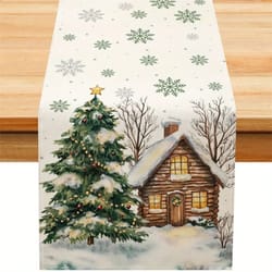 forest snow cabin christmas table runner