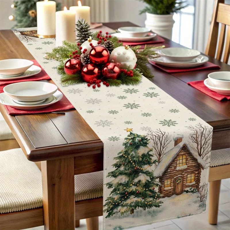 Forest Snow Cabin Christmas Table Runner 2