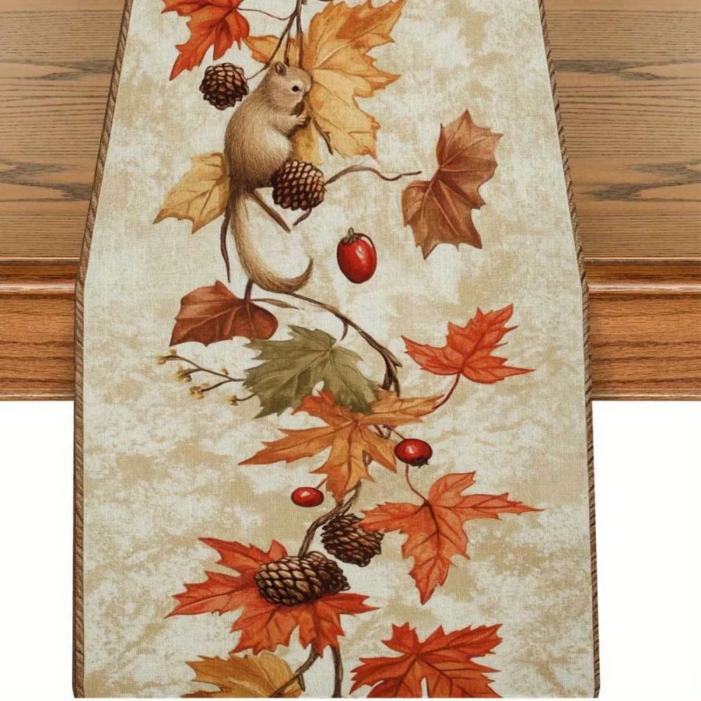 Autumn Squirrel Maple Leaf Table Runner 2