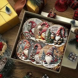 christmas gnome wooden coaster set