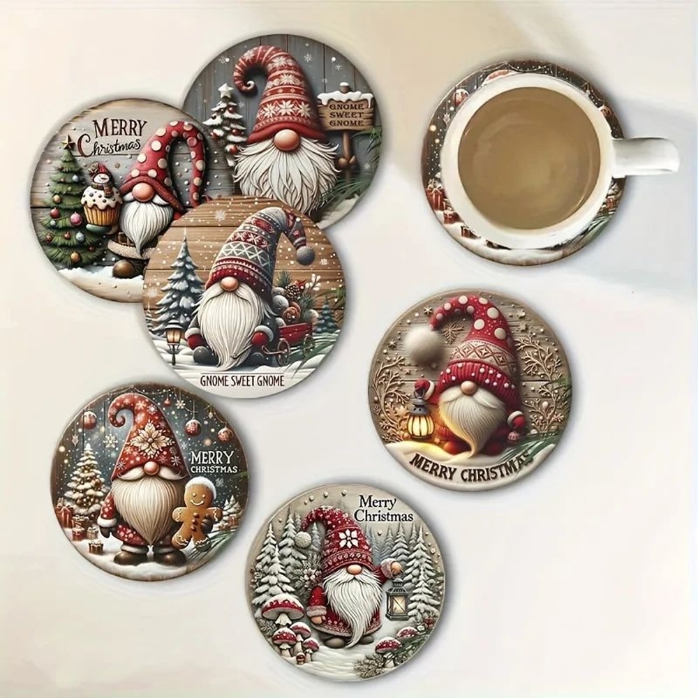 Christmas Gnome Wooden Coaster Set 6