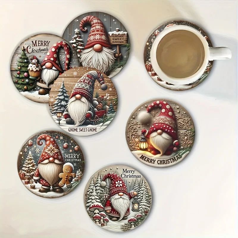 Christmas Gnome Wooden Coaster Set 6