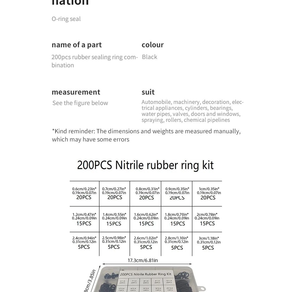 200 Pcs Rubber O Ring Seal Assortment Kit 8