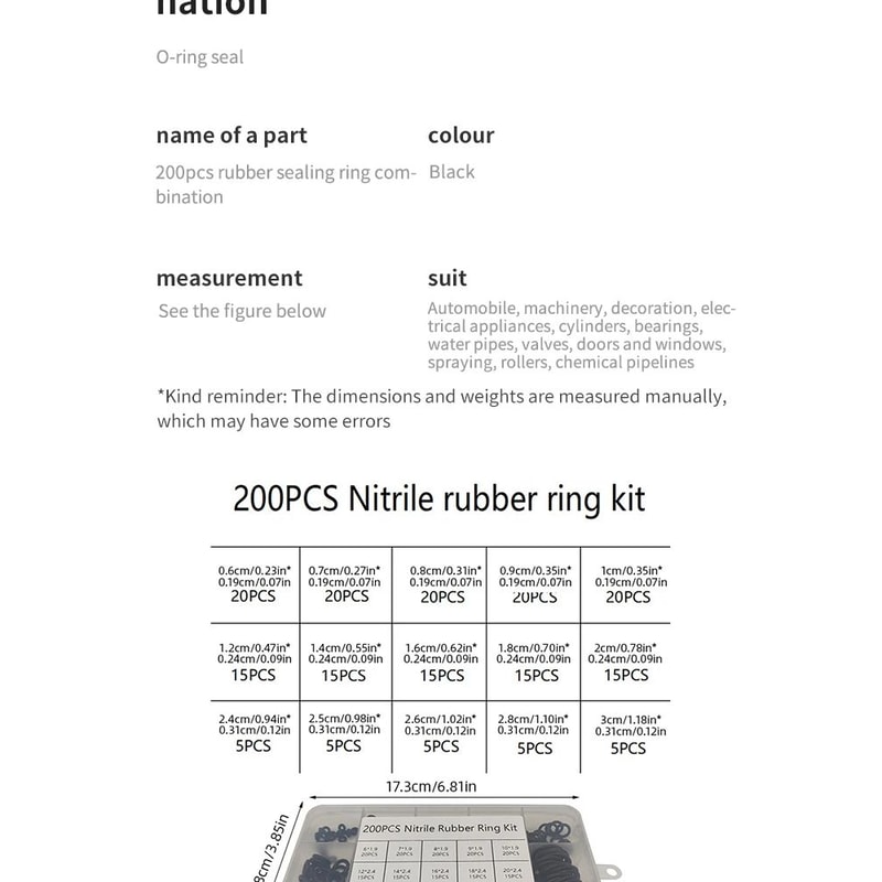 200 Pcs Rubber O Ring Seal Assortment Kit 8