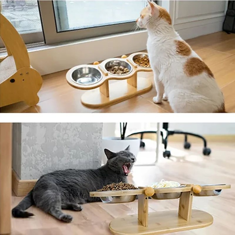 Adjustable Wooden Pet Bowl Stand Set 0