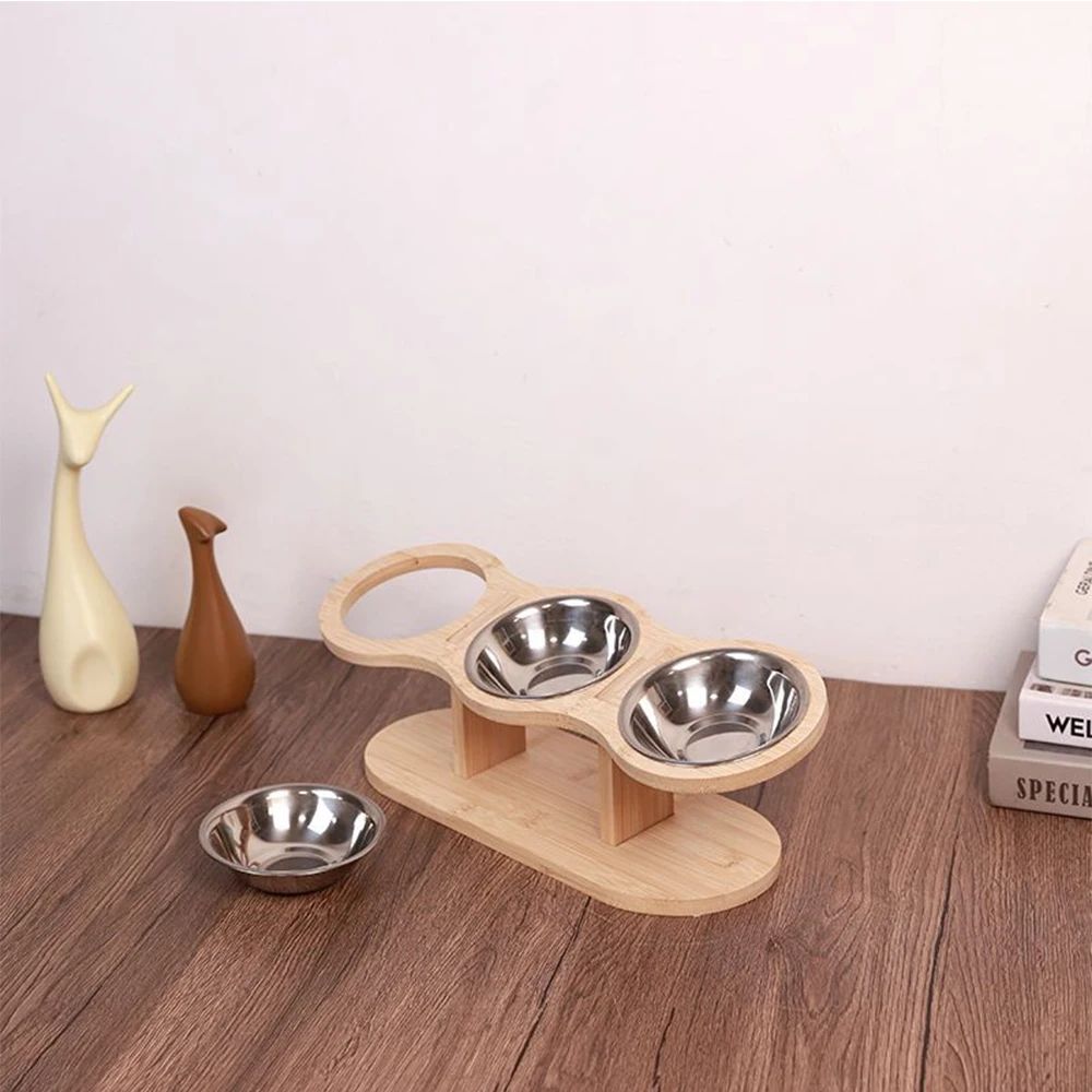 Adjustable Wooden Pet Bowl Stand Set 4