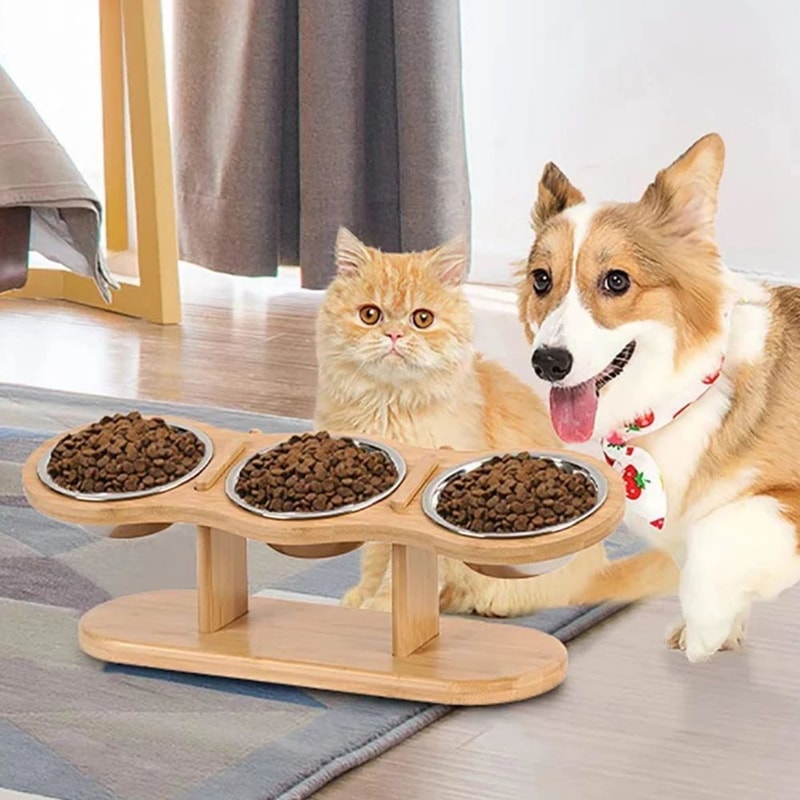 Adjustable Wooden Pet Bowl Stand Set 8