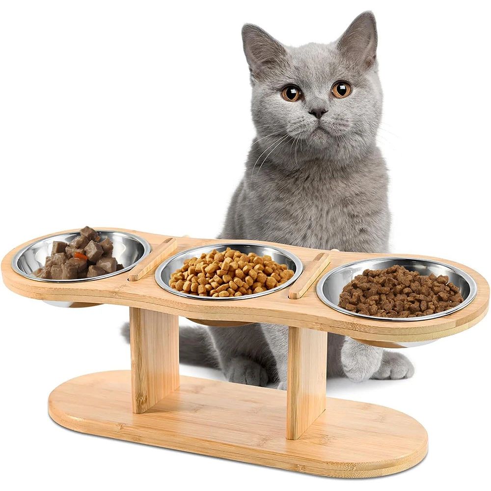 Three Bowl Raised Cat Feeder Set 0