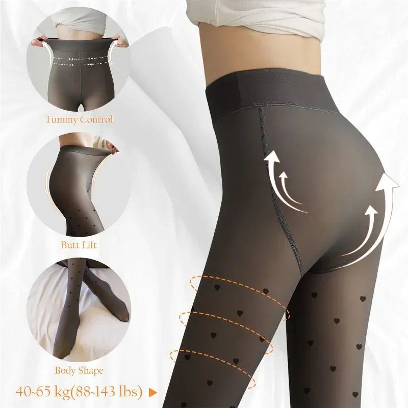 Heart Print Thermal Fleece Tights Skin Effect Winter Leggings 6