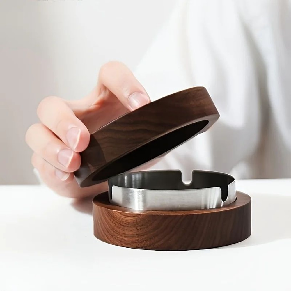 Round Wooden Ashtray With Lid 0